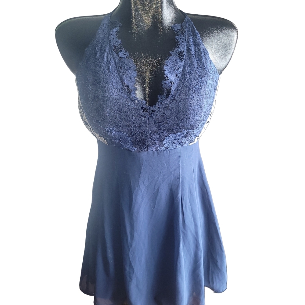 Alythea Navy Blue Lace Sleeveless Open Back Fit and Flare Dress S